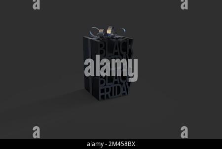 Black Friday-Angebote. Realistisches 3D Illustration Design Rundstudio, Geschenkbox schwarz, rote Schleife, Einkaufstasche, großer Rabatt. Stockfoto