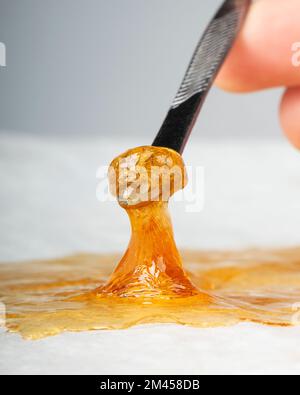 goldwachs-Terp-Sauce, Cannabis-thc-Tupferharz auf Papier. Stockfoto