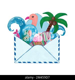 Handgezeichnete Abbildung einer Mailingliste mit offenen Briefumschlägen, Versenden einer Einladungskarte für Geschäftsinformationen. Sommerurlaub Meeressourismus, palmenblaues Welleneis, Flamingo Entspannungssurfkonzept Stockfoto