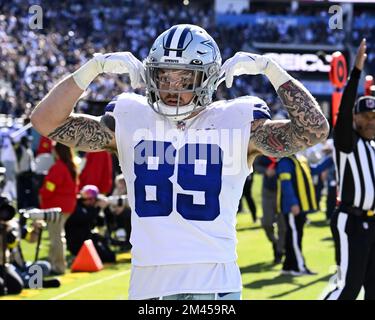 Jacksonville, Usa. 18.. Dezember 2022. Tight End Peyton Hendershot feiert einen Touchdown in der ersten Halbzeit, während die Cowboys am Sonntag, den 18. Dezember 2022, auf dem TIAA Bank Field in Jacksonville, Florida, gegen die Jaguars antreten. Die Jaguars haben die Cowboys 40-34 in Überstunden verärgert. Foto: Joe Marino/UPI. Kredit: UPI/Alamy Live News Stockfoto