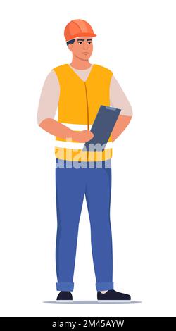 Ingenieur. Bauarbeiter in Uniform und orangefarbenem Schutzhelm, hält Klemmbrett mit Checkliste. Leiter der Bauarbeiten. Vektorbeleuchtung Stock Vektor
