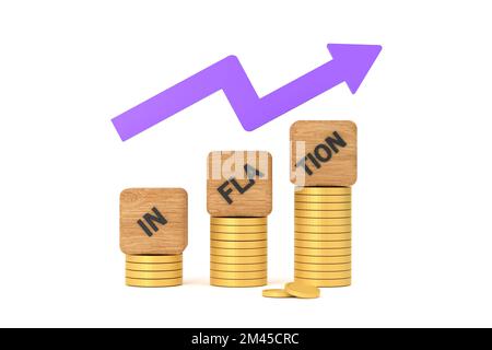 3D. INFLATIONSWORT auf einem hölzernen Würfel auf Münzen in der Idee, Weltwirtschaft und Inflationskontrolle Stockfoto