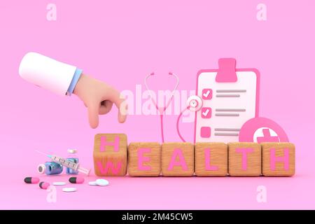 3D. Der Handarzt würfelt und ändert das Wort „Gesundheit“ in „Wohlstand“. Stockfoto