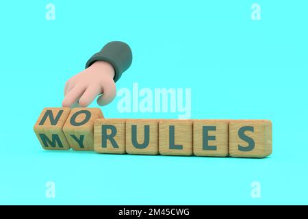 3D. Die Hand würfelt und ändert den Ausdruck keine Regel in meine Regeln. Stockfoto