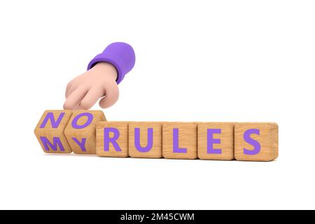 3D. Die Hand würfelt und ändert den Ausdruck keine Regel in meine Regeln. Stockfoto