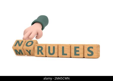 3D. Die Hand würfelt und ändert den Ausdruck keine Regel in meine Regeln. Stockfoto