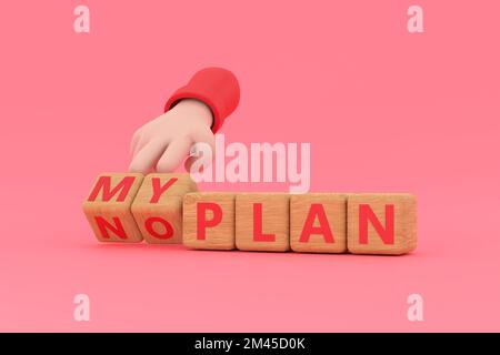 3D. Die Hand würfelt und ändert den Ausdruck „Myplan“ in „noplan“. Stockfoto