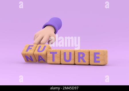3D. Die Hand würfelt und ändert das Wort „Zukunft“ in „Natur“. Stockfoto