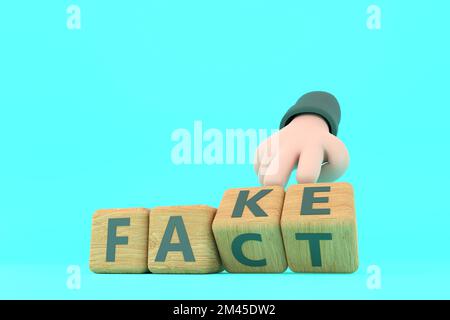 3D. Die Hand würfelt und ändert das Wort „Fake“ in „Fact“. Stockfoto
