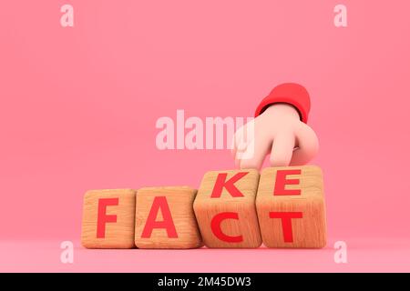 3D. Die Hand würfelt und ändert das Wort „Fake“ in „Fact“. Stockfoto