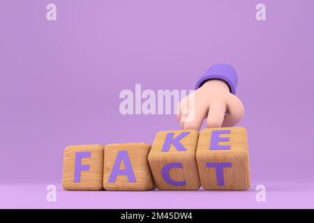 3D. Die Hand würfelt und ändert das Wort „Fake“ in „Fact“. Stockfoto