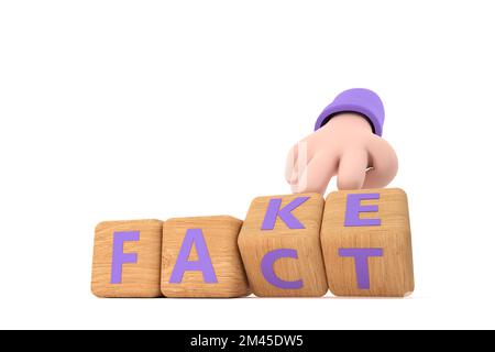 3D. Die Hand würfelt und ändert das Wort „Fake“ in „Fact“. Stockfoto