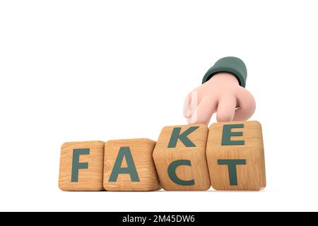 3D. Die Hand würfelt und ändert das Wort „Fake“ in „Fact“. Stockfoto