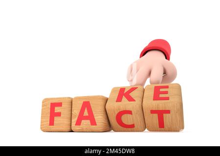 3D. Die Hand würfelt und ändert das Wort „Fake“ in „Fact“. Stockfoto