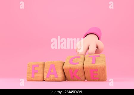 3D. Die Hand würfelt und ändert das Wort „Fake“ in „Fact“. Stockfoto