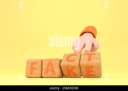 3D. Die Hand würfelt und ändert das Wort „Fake“ in „Fact“. Stockfoto