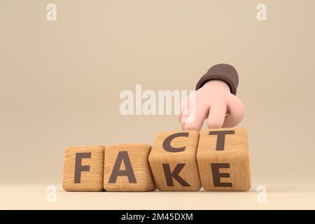 3D. Die Hand würfelt und ändert das Wort „Fake“ in „Fact“. Stockfoto