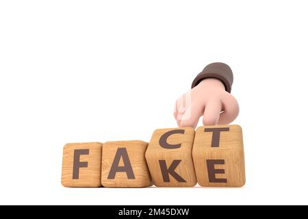3D. Die Hand würfelt und ändert das Wort „Fake“ in „Fact“. Stockfoto