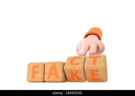 3D. Die Hand würfelt und ändert das Wort „Fake“ in „Fact“. Stockfoto