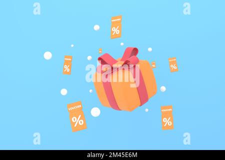 3D. Zusammensetzung von Sale Coupons und Geschenkboxen. Stockfoto