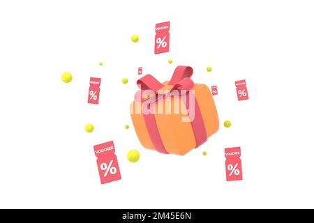 3D. Zusammensetzung von Sale Coupons und Geschenkboxen. Stockfoto