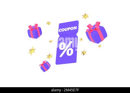 3D. Zusammensetzung von Sale Coupons und Geschenkboxen. Stockfoto