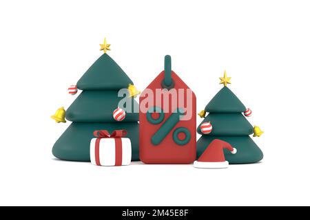 3D. Anhänger für Weihnachtsverkäufe, weihnachtsbaum, weihnachtsmannmütze und Geschenkbox. Weihnachtseinkaufsangebot. Stockfoto