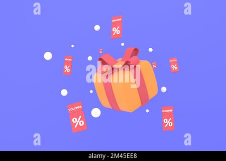 3D. Zusammensetzung von Sale Coupons und Geschenkboxen. Stockfoto