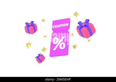 3D. Zusammensetzung von Sale Coupons und Geschenkboxen. Stockfoto