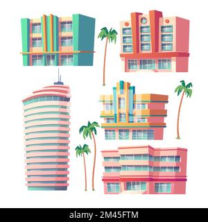 Moderne Hotel- oder Bürogebäude, isoliert auf weißem Hintergrund. Vektorkarikaturen mit Außenfassaden von Geschäfts- oder Gewerbegebäuden. Tropische Hotels für Touristenresorts und Palmen Stock Vektor
