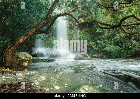 Wunderschöner Wasserfall und Wasserfall, der zwischen wunderschönen Klippen und Vegetation fließt Stockfoto