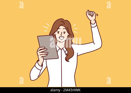 Glückliche Frau, die die Hand hebt, eine Siegesgeste macht und auf ein elektronisches Tablet schaut. Positive Geschäftsfrau im weißen Hemd freut sich, nachdem sie E-Mail-Nachrichten von Partnern gelesen hat. Flaches Vektordesign Stock Vektor