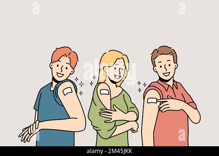 Lächelnde Menschen, die nach der Impfung Verbände zeigen. Glückliche Männer und Frauen demonstrieren Pflaster am Arm werden geimpft. Gesundheitswesen. Vektordarstellung. Stock Vektor