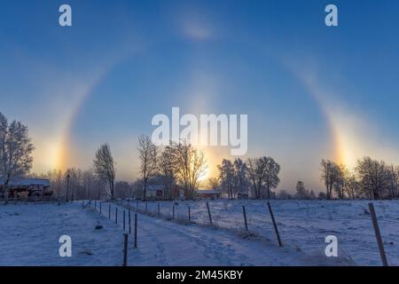 Wintertag mit Sonnenhimmel und Sonnenhunden auf dem Land Stockfoto