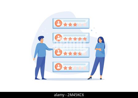 Kaufgewohnheiten, Markenpersönlichkeit, Bewertungsseite, Online-Shopping, Fokusgruppe, Nutzerfeedback, Produktbewertung, abstrakte E-Commerce-Metapher, flacher Vektor Stock Vektor