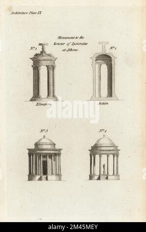 Alte runde Tempel. Höhe und Abschnitt des griechischen Denkmals zu Ehren von Lysikrates, einem Sieger bei den öffentlichen Spielen, Athen 1,2. Höhe eines römischen Tempels zur Sybils oder Venus am Tivoli 3 und monopteraler Tempel 4. Kupferplatten-Gravur aus Francis Fitzgeralds The Artist's Repository and Drawing Magazine, Charles Taylor, London, 1785. Stockfoto