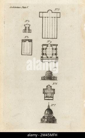 Plan der unterirdischen Katakomben 1, Plan einer antiken Kirche aus Palladio 2, Plan des antiken Petersdoms in Rom 3, Plan 4 und Abschnitt 5 von Sancta Sophia in Konstantinopel, Plan des Markusdoms in Venedig 6, Abschnitt der Kirche St. Maria der Blumen in Florenz 7. Stockfoto