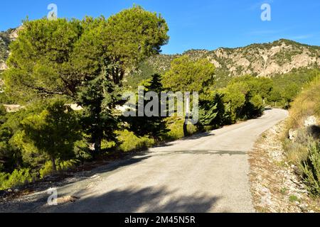 Eine einsame gewundene Straße, die sich durch die spanischen Berge schlängelt Stockfoto