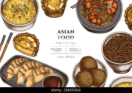 Handgezeichnetes asiatisches Essensdesign. Hintergrund: Retro-Jiaozi, jian dui, Eierkuchen, Nudeln mit Garnelen, Eiersuppe, Nudelschüssel. Stock Vektor