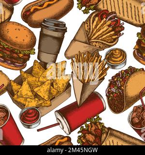Street Food – Hintergrunddesign mit nahtlosem Muster. Gravur. Von Hand gezogene Soßen, Nachos, Limonade, Burger, Taco, Schawarma, pommes Frites, Hot Dog, Papier Stock Vektor