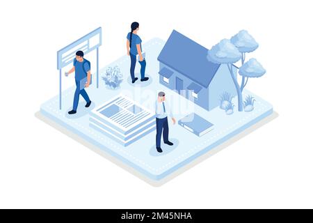 Zurück in die Schule, Bücher lesen und Schulrucksack organisieren, isometrische Vektordarstellung Stock Vektor