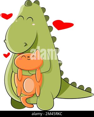 Süßer grüner Dinosaurier umarmt rote Katze in Illusion Stock Vektor