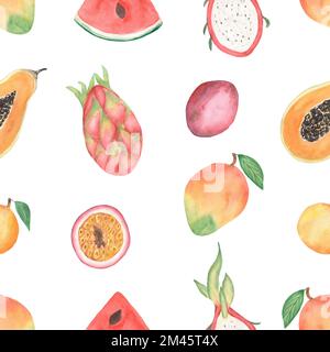 Aquarell tropische Früchte nahtloses Muster, handgezogene Kokosnuss, Mango, Wassermelone, Papaya, drachenfrucht, Orange, digitales Papier, Monstera hinterlässt Patt Stockfoto