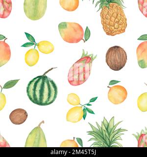 Aquarell tropische Früchte nahtloses Muster, handgezogene Kokosnuss, Kiwi, Wassermelone, Papaya, drachenfrucht, Banane, Zitrone, Ananas, Mango-digitalpapiere Stockfoto