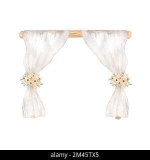 Aquarelle Hochzeitsdekoration, Weißer Hochzeitsvorhang, Beige-Erdnussblumen-Blumenstrauß, Sommerblumen. Handbemalte Komposition, Weihnachtsdekor c Stockfoto