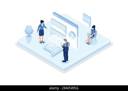 Charaktere, die eine Online-Helpdesk-Plattform verwenden, Kundensupport, isometrische Vektoren, moderne Illustration Stock Vektor