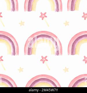 Aquarelle Kindergartenmuster mit handbemalten Regenbögen. Kinder nahtlose Hintergrundbilder im trendigen Kinderstil. Mädchen Einhorn Magie Regenbogen , s Stockfoto