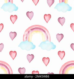 Aquarelle Kindergartenmuster mit handbemalten Regenbögen. Kinder nahtlose Hintergrundbilder im trendigen Kinderstil. Mädchen Einhorn Magie Regenbogen , s Stockfoto