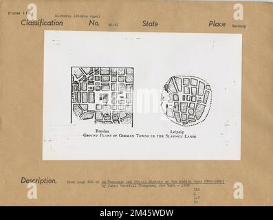 Grundrisse deutscher Städte im slawischen Land - Breslau, Leipzig. Originalüberschrift: Von Seite 526 einer wirtschaftlichen und sozialen Geschichte des Mittelalters (300-1300) von James Westfall Thompson. New York - 1928. Ort: Deutschland. Stockfoto