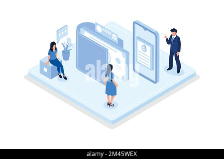 Zeichen beim Online-Banking übertragen elektronische Mittel von der Bank zur Bank. Geldversand- und -Empfangsprinzip, isometrische Vektorenbeleuchtung Stock Vektor